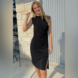 Clara Sun‎ Woo Side-Swept Dress Women's Size Small High Neck Midi Side Slit